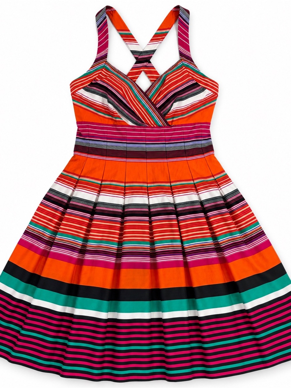 Calvin Klein Multicolor Striped Cross Back Pleated Midi Dress